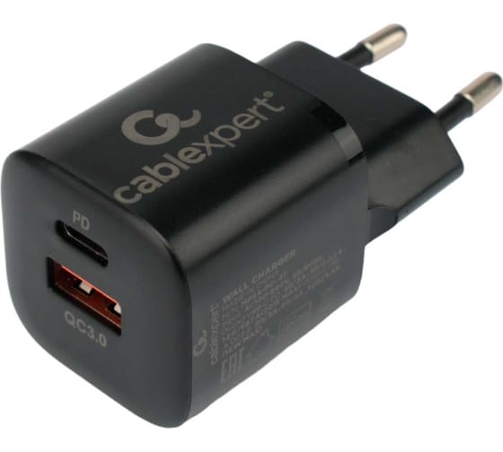 

Зарядное устройство сетевое Cablexpert MP3A-PC-47 20Вт, 3А, QC3.0/PD, 2 порта: USB и Type-C, черный, пакет, MP3A-PC-47