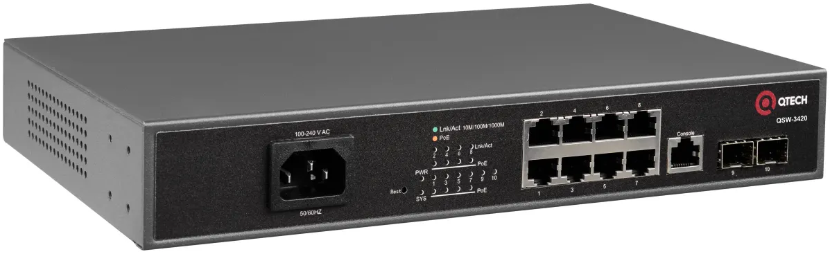 

Коммутатор управляемый QTECH QSW-3420-10T-POE-AC L2+ с поддержкой PoE 802.3af/at, 8 портов 10/100/1000BASE-T, 2 порта 1000BASE-X SFP, 4K VLAN, 8K MAC, QSW-3420-10T-POE-AC
