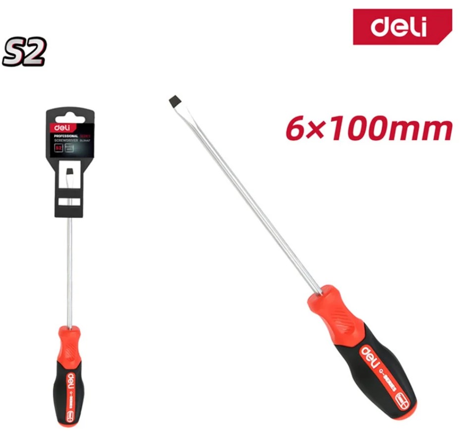 

Отвертка шлицевая Deli DL3447 SL6x100мм сталь S2, матовый стержень, двухкомпонентная прорезиненная рукоять, DL3447