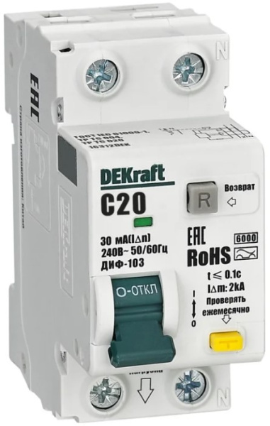 Изображение товара Автомат DEKraft 16309DEK 230 В 6 А с характеристикой C и отключающей способностью 6 кА