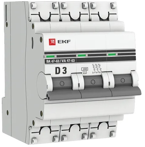 

Автоматический выключатель EKF mcb4763-3-03D-pro 3P 3А (D) 4,5kA ВА 47-63, mcb4763-3-03D-pro