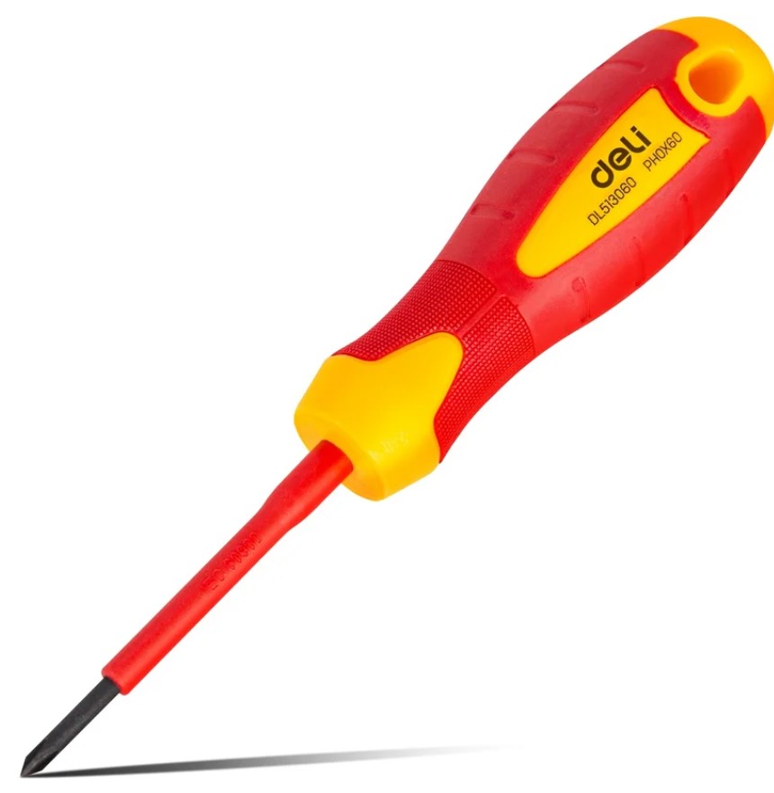 

Отвертка диэлектрическая Deli DL513060 крестовая PH0х60мм сталь Cr-V, сертификат VDE для работ под напряжением до 1000 В, DL513060