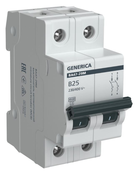 Изображение товара GENERICA MVA21-2-025-B-G: 2P 25A / 400V, IP20, 4.5kA