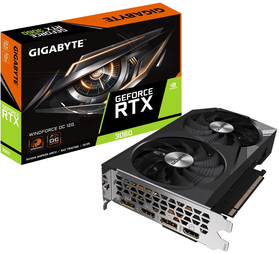 

Видеокарта PCI-E GIGABYTE GeForce RTX 3060 WINDFORCE (GV-N3060WF2OC-12GD 2.0) 12GB GDDR6 192bit 8nm 1777/15000MHz 2*HDMI/2*DP, GeForce RTX 3060 WINDFORCE OC (GV-N3060WF2OC-12GD 2.0)