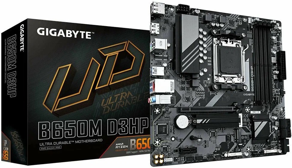 

Материнская плата mATX GIGABYTE B650M D3HP (AM4, AMD B650, 4*DDR5 (7600), PCIe, 2*M.2, 4*SATA RAID, 3*USB 3.2, 4*USB 2.0, USB Type-C, HDMI, 2*DP), B650M D3HP
