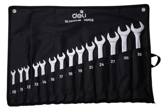 

Набор ключей Deli DL130014B комбинированных гаечных 14 шт размеры 10,11,12,13,14,16,17,18,19,21,24,27,30,32мм, матовая хромированная поверхность, чехо, DL130014B