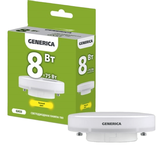 

Лампа светодиодная GENERICA LL-T80-08-230-30-GX53-G T80 8Вт таблетка 3000К GX53 230В, LL-T80-08-230-30-GX53-G