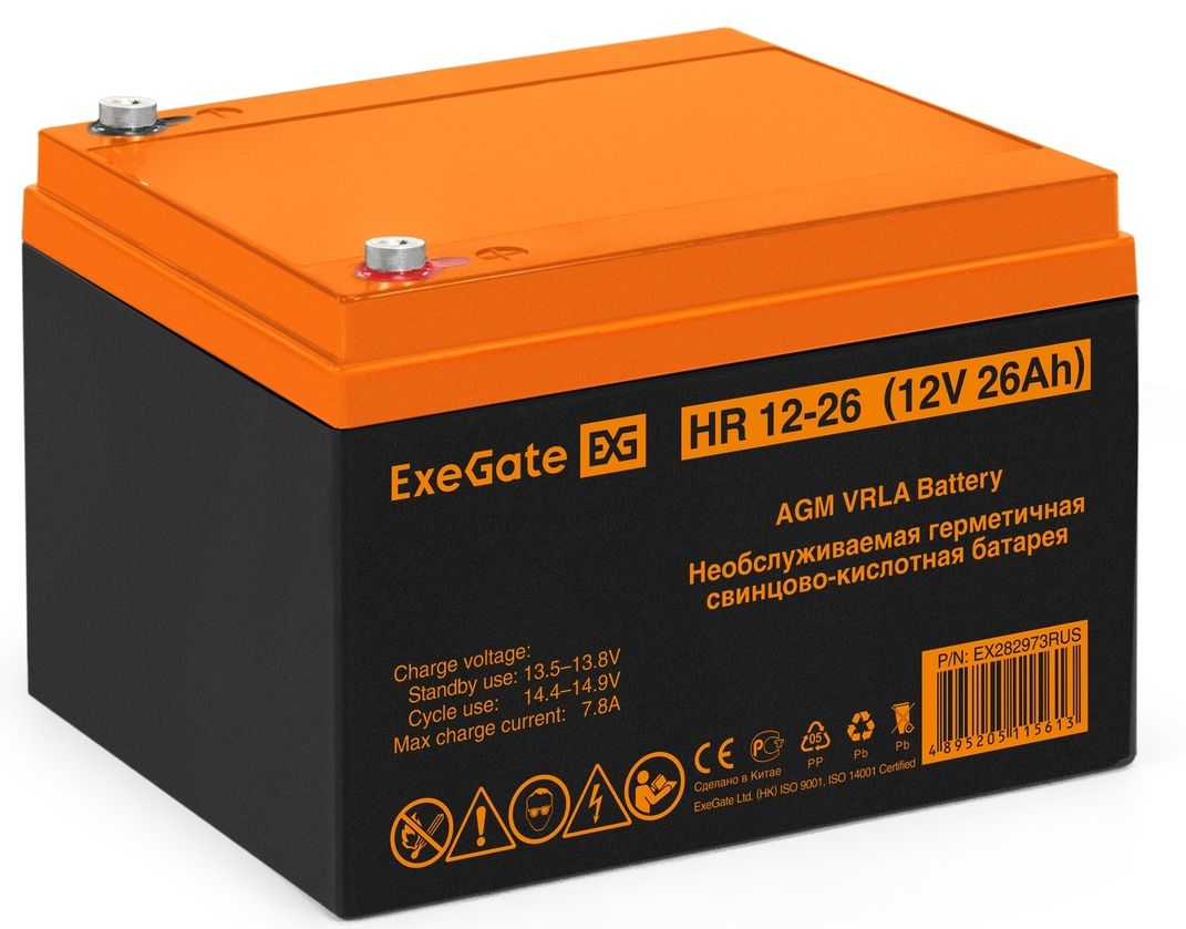 

Батарея аккумуляторная Exegate HR 12-26 EX282973RUS (12V 26Ah, под болт М5), HR 12-26