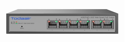 

Коммутатор управляемый Todaair TD-SW6G V2.2 PoE 4×RJ45 1Гбит/с, Uplink 2×RJ45 1Гбит/с, VLAN, DHCP, HTTP, IEEE 802.3af/at, 60W, 12Гбит/с, 8.93Мбит/с, TD-SW6G V2.2