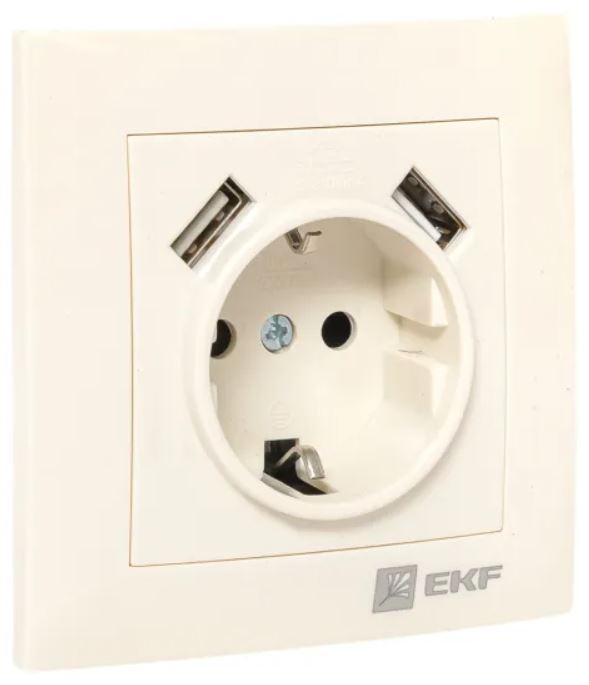

Розетка с заземлением с 2 USB в сборе EKF EWR16-028-20-2USB Валенсия 16А кремовая с защитными шторками 2,1А, EWR16-028-20-2USB