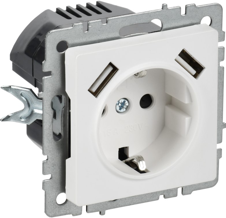 

Розетка с заземлением IEK BR-R14-16-U21-D21-K91 BRITE с защитными шторками 16А с USB A+A 5В 2,1А РЮш10-1-БрАБ арктический белый, BR-R14-16-U21-D21-K91