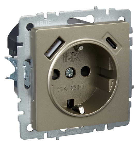

Розетка с заземлением IEK BR-R14-16-U22-018-K37 BRITE с защитными шторками 16А с USB A+C 18Вт РЮш11-1-БрШ Шампань, BR-R14-16-U22-018-K37