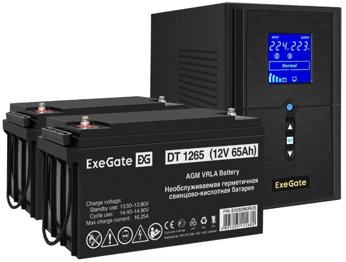 

Комплект Exegate SineTower SZ-1500.LCD.AVR.2SH.1C13.USB EX296821RUS ИБП EX295988RUS + батарея 65Aч EX282980RUS 2шт (инвертор, синус, для котла) 1500VA, SineTower SZ-1500.LCD.AVR.2SH.1C13.USB