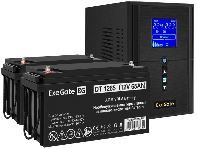 

Комплект Exegate SineTower SZ-1000.LCD.AVR.2SH.1C13.USB EX296798RUS ИБП EX295987RUS + батарея 65Aч EX282980RUS 2шт (инвертор, синус, для котла) 1000VA, SineTower SZ-1000.LCD.AVR.2SH.1C13.USB