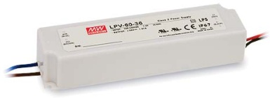 

Драйвер светодиодный Mean Well LPV-60-24 мощность 60 Вт, выходное напряжение 24 В, ток 2.5 А, входное напряжение 90-264 В, IP67, -30...+70C, LPV-60-24