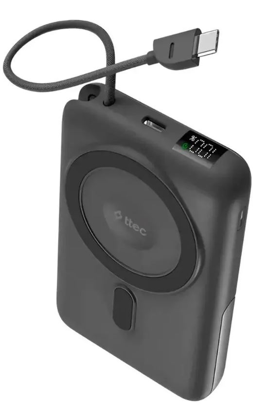 

Аккумулятор внешний TTEC ReCharger M 2BB230GR LCD 10000 mAh, MagSafe PD 20W Powerbank с кабелем USB-C и подставкой, цвет: серый, ReCharger M
