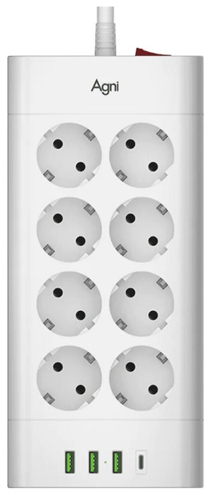 

Сетевой фильтр AGNI TP-FA4U8E-C-3m-white 8 розеток, 16А, 4000Вт, 220-250В, 3 м, 3x1,5mm2, 3*USB, Type-C, белый, TP-FA4U8E-C-3m-white