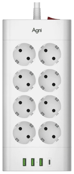 Изображение товара Сетевой фильтр AGNI TP-FA4U8E-C-3m-white 8 розеток USB защитой