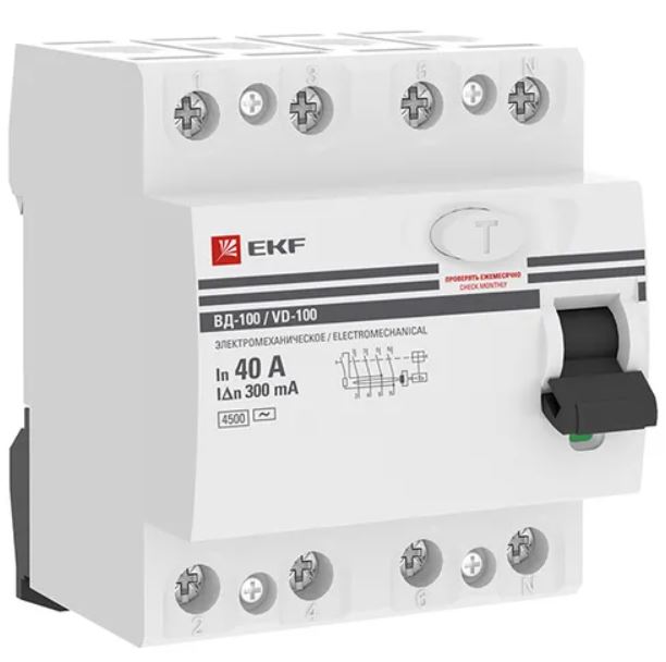 

УЗО EKF elcb-4-40-300-em-pro ВД-100 4P 40А 300мА тип АС электромеханический 4,5кА PROXIMA, elcb-4-40-300-em-pro