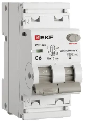 

Автомат дифференциальный EKF D63N26M6B10 АВДТ-63N 1P+N 6А (B) 10мА (AC) эл-мех 6кА PROXIMA, D63N26M6B10