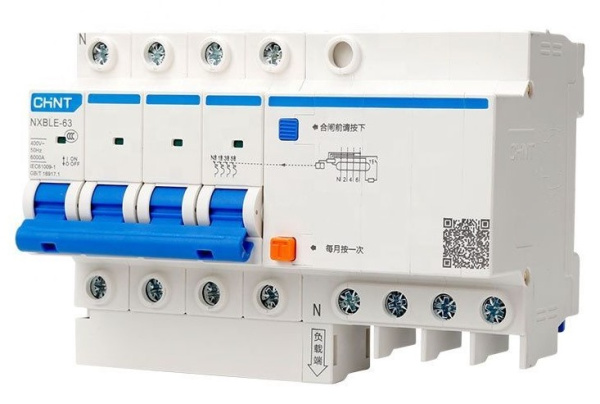 Изображение товара Автомат CHINT NXBLE-63 10А 4-полюсный с током утечки 30мА