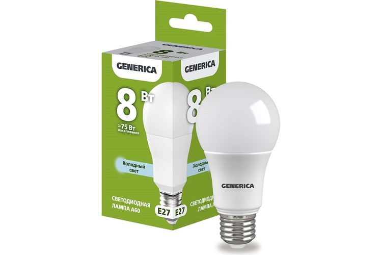 

Лампа светодиодная GENERICA LL-A60-08-230-65-E27-G A60 8Вт грушевидная 6500К E27 230В, LL-A60-08-230-65-E27-G
