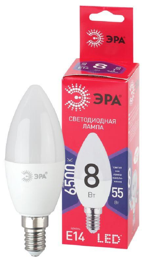 

Лампа светодиодная ЭРА Б0045341 LED B35-8W-865-E14 R (диод, свеча, 8Вт, хол, E14), Б0045341