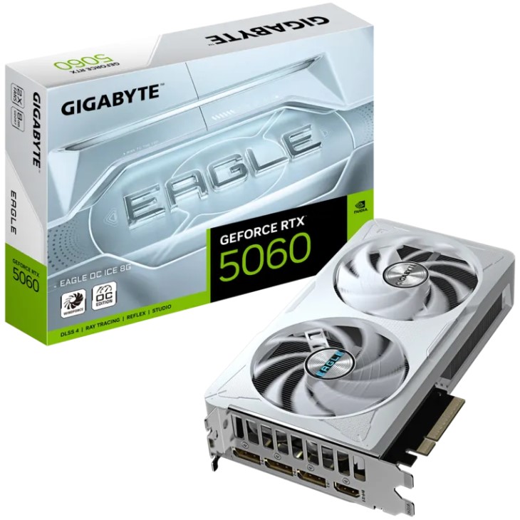 

Видеокарта PCI-E GIGABYTE GeForce RTX 5060 EAGLE OC ICE (GV-N5060EAGLEOC ICE-8GD) 8GB GDDR7 128bit 2550/28000MHz HDMI, GeForce RTX 5060 EAGLE OC ICE (GV-N5060EAGLEOC ICE-8GD)