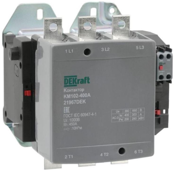 

Контактор DEKraft 21967DEK 400А 220В_АС АС3_ АС4 1НО+1НЗ КМ-102, 21967DEK