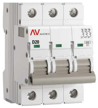 Изображение товара Автоматический выключатель EKF mcb6-3-20D-av серия AV-6 для трехфазных систем