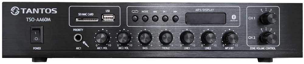 

Усилитель портативный Tantos TSo-AA60M 60Вт, 2 зоны, 100В, USB, SD карта, FM-тюнер, Bluetooth, mp3, 2 микрофонных/2 линейных входа, 1 линейный выход, TSo-AA60M