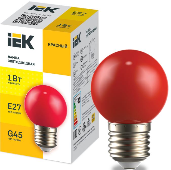 

Лампа светодиодная IEK LLE-G45-1-230-R-E27 декоративная G45 шар 1Вт 230В красный E27, LLE-G45-1-230-R-E27
