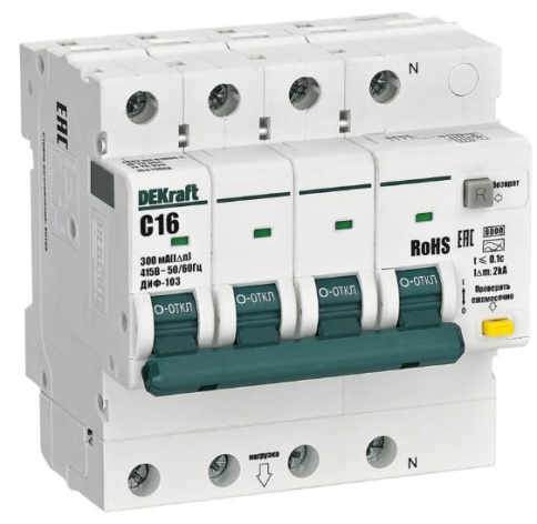 Изображение товара Автомат дифференциального тока DEKraft 16419DEK серия ДИФ-103 NEW 16 А 3P+N