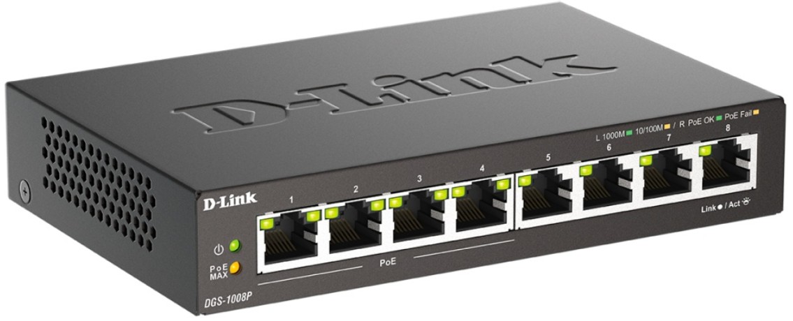 

Коммутатор неуправляемый D-link DGS-1008P/F3A 4xPoE 802.3af/at, PoE-бюджет 60 Вт, DGS-1008P/F3A