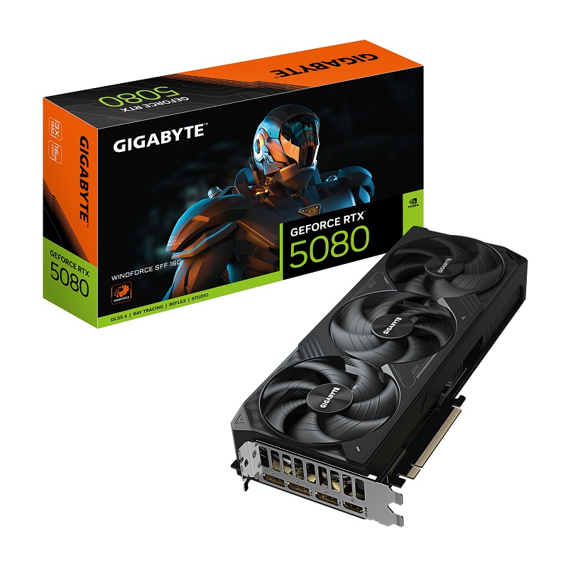

Видеокарта PCI-E GIGABYTE GeForce RTX 5080 WINDORCE SFF (GV-N5080WF3-16GD) 16GB GDDR7 256bit 5nm 2617/30000MHz HDMI 3*DP, GeForce RTX 5080 WINDORCE SFF (GV-N5080WF3-16GD)