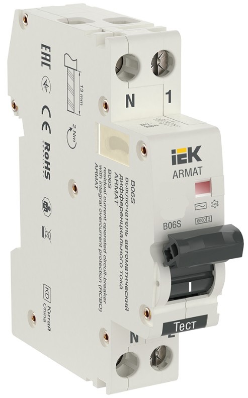 

Автоматический выключатель дифф. тока (АВДТ) IEK AR-B06S-1N-B32C030 ARMAT B06S 1P+NP B32 30мА тип AC (18мм), AR-B06S-1N-B32C030