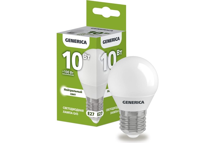 

Лампа светодиодная GENERICA LL-G45-10-230-40-E27-G G45 10Вт шар 4000К E27 230В, LL-G45-10-230-40-E27-G