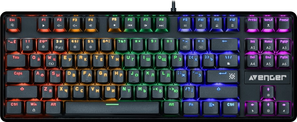 Клавиатура проводная Defender Avenger GK-412 RU Rainbow, красн.свитчи, 87 кнопок