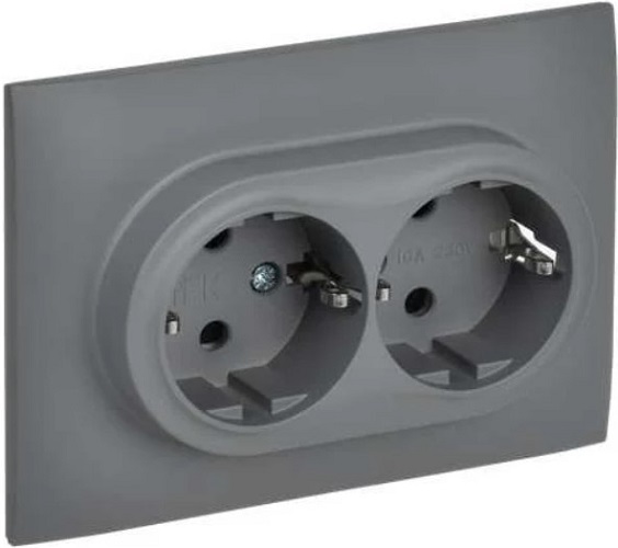 

Розетка двухместная с заземлением в сборе IEK SK-R24-16-K03-F SKANDY с защитными шторками 16А SK-R07Gr серая, SK-R24-16-K03-F