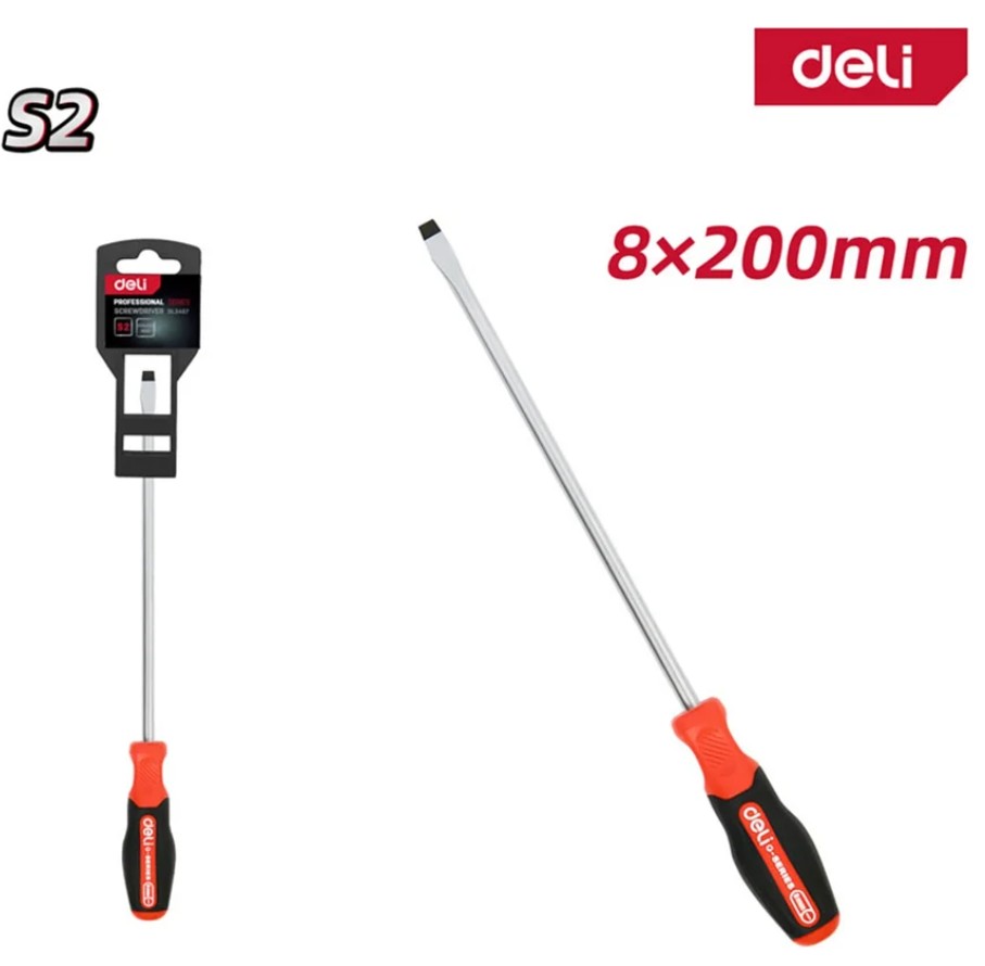 

Отвертка шлицевая Deli DL3451 SL8x200мм сталь S2, матовый стержень, двухкомпонентная прорезиненная рукоять, DL3451