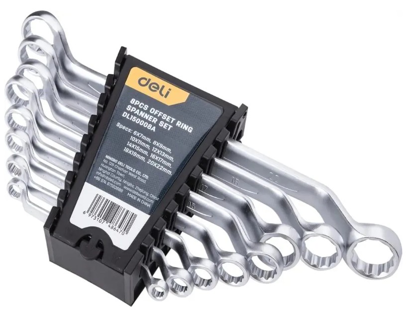 

Набор ключей Deli DL150008A накидных изогнутых гаечных 8 шт размеры 6x7, 8x9, 10x11, 12x13, 14x15, 16x17, 18x19, 20x22 мм, матовая хромированная повер, DL150008A