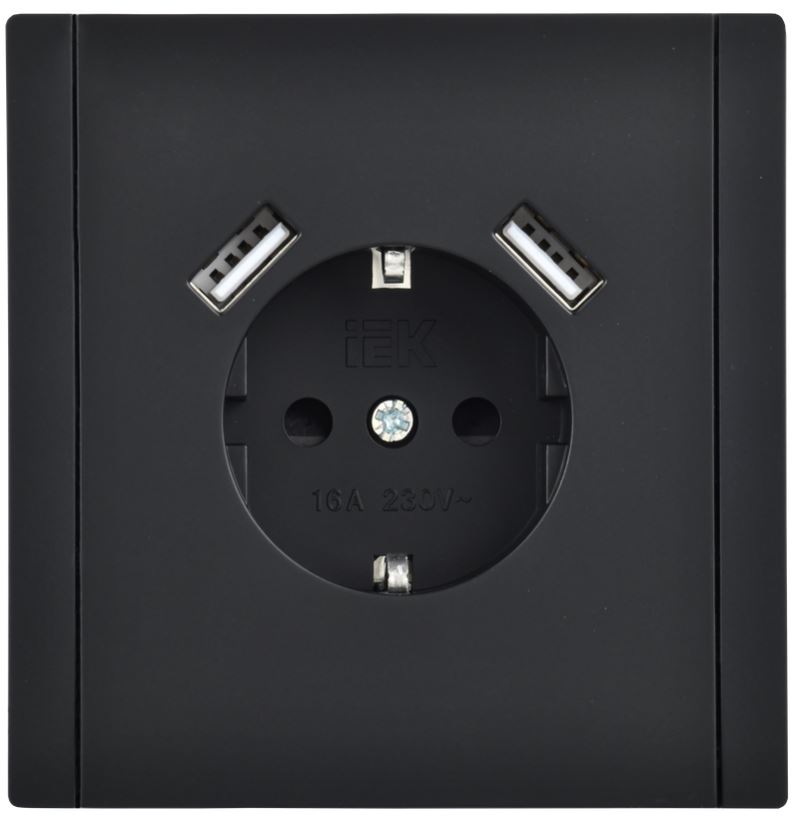 

Розетка с заземлением с 2 USB IEK FP-R14-16-U21-D31-K02 FORTE&PIANO с защитными шторками в/к 16А тип A+тип A 3,1А FP145 черный, FP-R14-16-U21-D31-K02