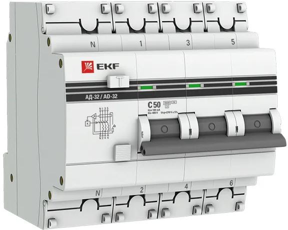 Изображение товара Автомат EKF DA32-50-100-4P-pro дифференциальный с защитой утечки 50А 400В