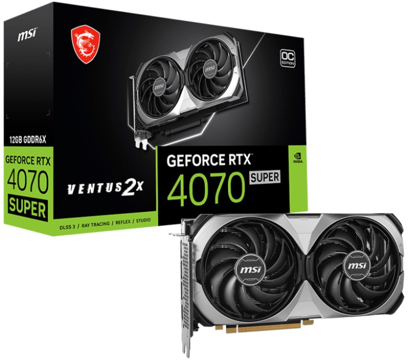 

Видеокарта PCI-E MSI GeForce RTX 4070 SUPER (RTX 4070 SUPER 12G VENTUS 2X OC) 12GB GDDR6X 192bit 5nm 1980/21000MHz HDMI/3*DP Ret, GeForce RTX 4070 SUPER (RTX 4070 SUPER 12G VENTUS 2X OC)