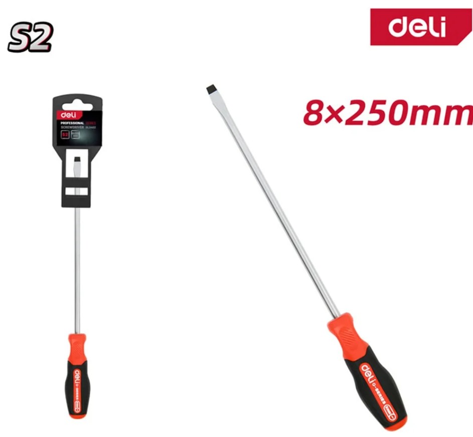 

Отвертка шлицевая Deli DL3452 SL8x250мм сталь S2, матовый стержень, двухкомпонентная прорезиненная рукоять, DL3452