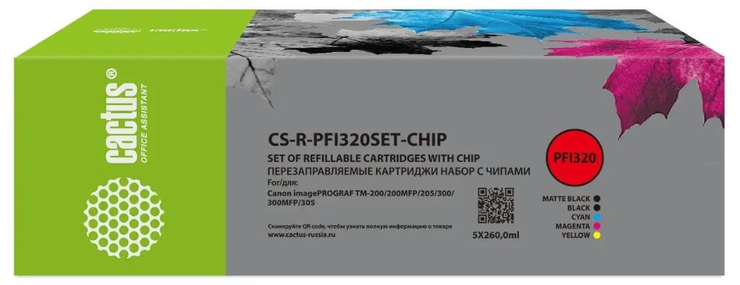 

Картридж струйный Cactus CS-R-PFI320SET-CHIP перезаправляемый набор 5шт.упак. для Canon imagePROGRAF tm-200/200mfp/205/300/300mfp/305/250/255/350/355, CS-R-PFI320SET-CHIP