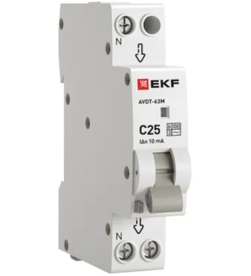 

Автомат дифференциальный EKF DA63M-25-10 АВДТ-63М 1P+N 18мм 25А характеристика С 10мА тип AС электронный 6кА PROXIMA, DA63M-25-10