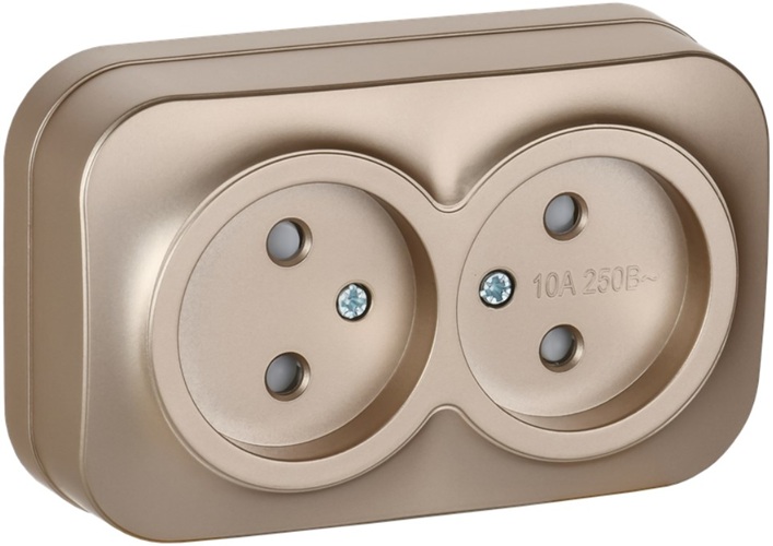 

Розетка двухместная без заземления IEK ERH23-K37M-10 GLORY для открытой установки с защитными шторками 10А РСш22-2-ХШм шампань матовый, ERH23-K37M-10