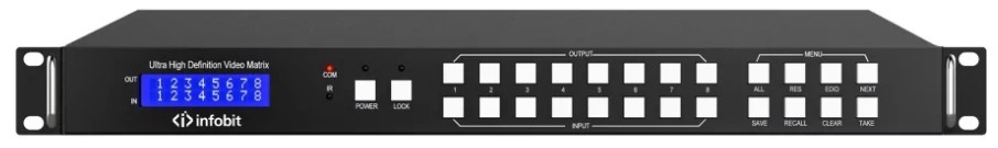 

Коммутатор матричный Infobit iMatrix H88HAW 4K60 HDMI, 8х8, 3840x2160/60Hz, бесподрывное переключение, аудио и ИК матрица, поддержка видеостены, iMatrix H88HAW