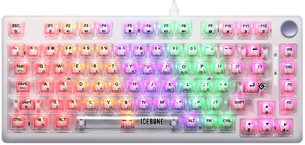 

Клавиатура Defender Icebone GK-354 RU 45354 механическая, прозрач, 81кн+FN, радуж, 1.5м, Icebone GK-354 RU